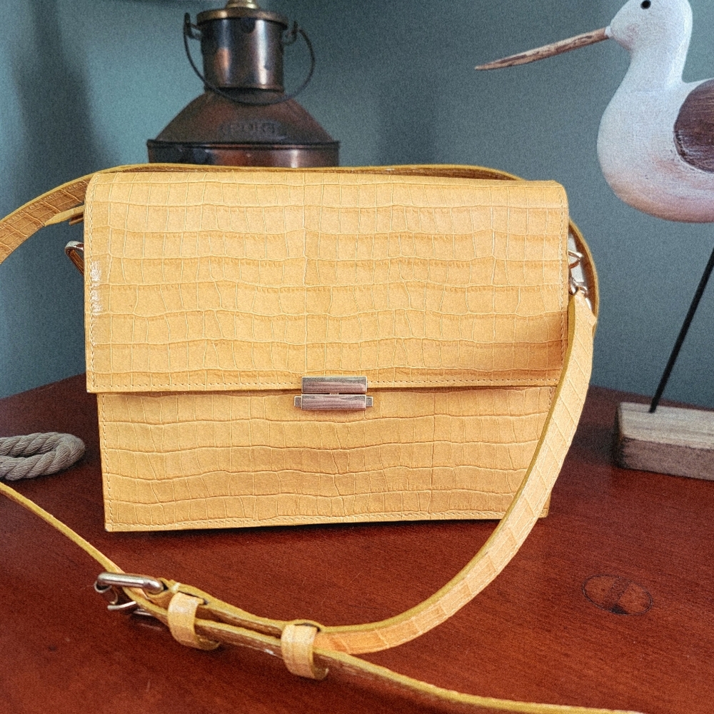 Tusk Reka Italian Leather Croc Embossed Crossbody Shoulder Bag Mustard Yellow - Picture 16 of 16